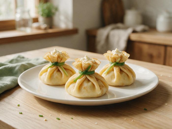 Блины-мешочки с творожным сыром, перевязанные пером зелёного лука