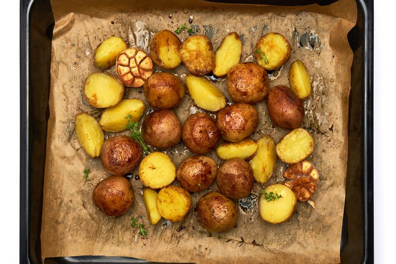 Целые клубни молодого картофеля с чесноком и розмарином на противне