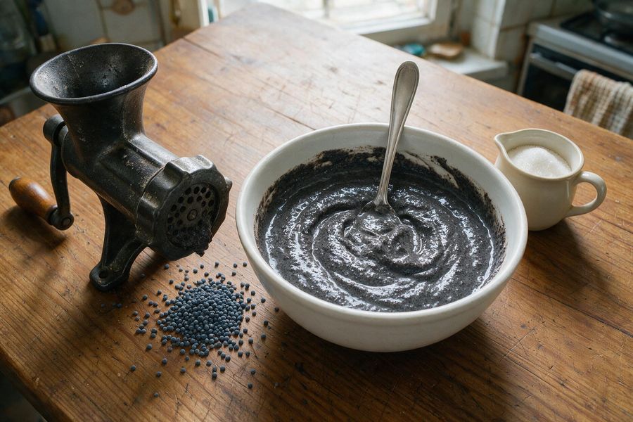 Тёмная маковая масса в миске рядом с ручной мясорубкой и горстью сухого мака