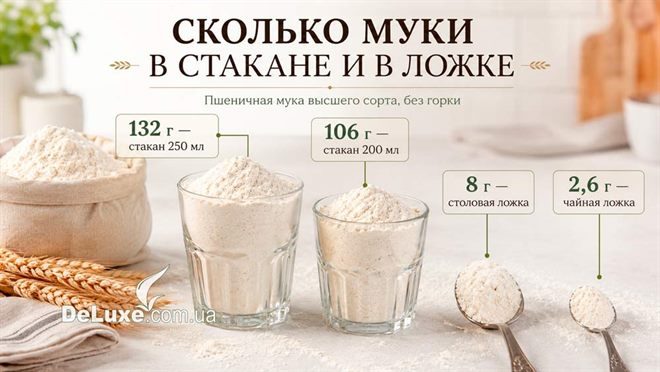 Скільки борошна в стакані та в ложці