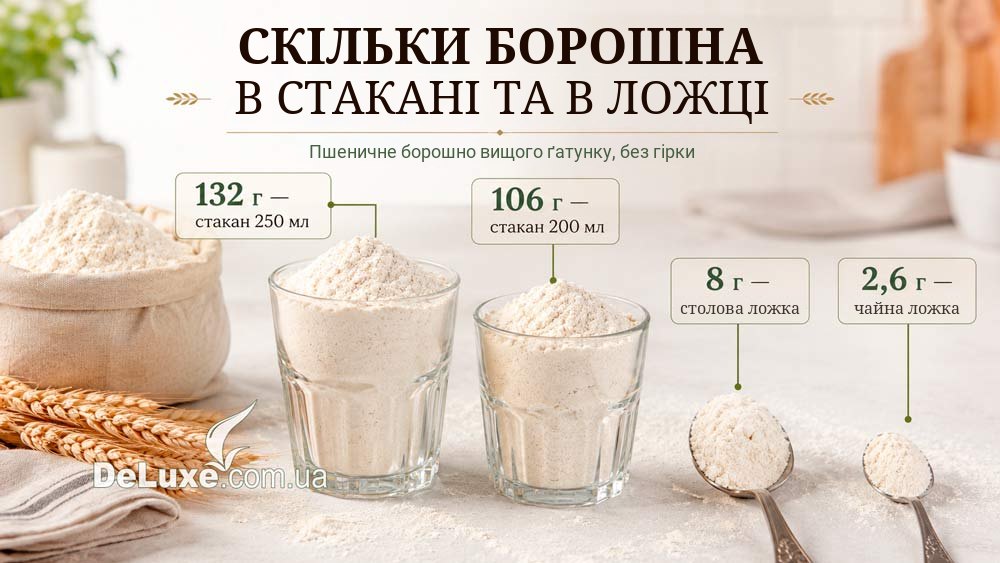 Інфографіка: скільки борошна в стакані та в ложці — 132 г у стакані 250 мл, 106 г у стакані 200 мл, 8 г у столовій ложці, 2,6 г у чайній