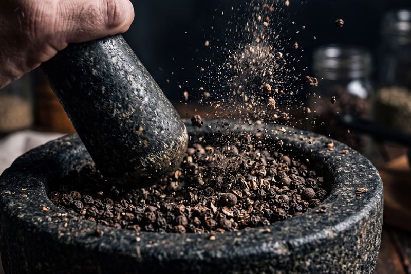 Чёрный перец горошком раздавливают пестиком в каменной ступке