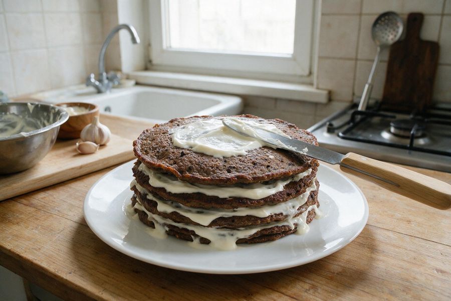 Печёночные коржи складывают стопкой, промазывая белой намазкой
