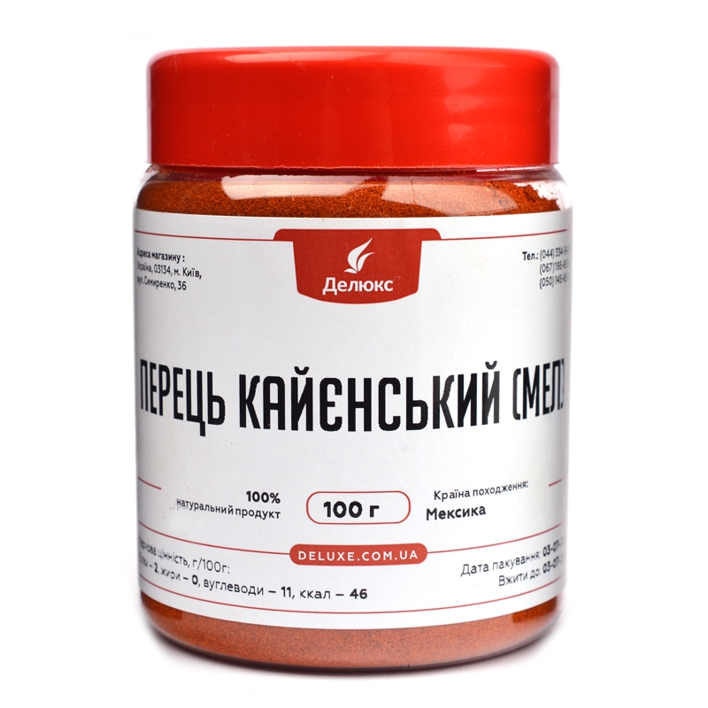 Кайенский перец молотый в упаковке 100 грамм от Deluxe, производство Мексика